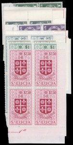 St. Lucia #157-169 Cat$83.40, 1953-54 QEII, complete set in blocks of four, n...