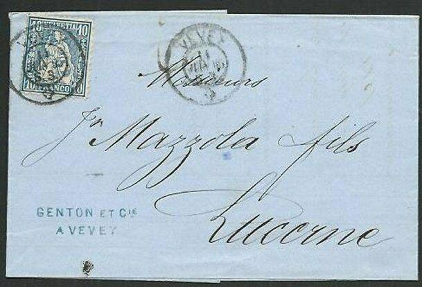 SWIZERLAND 1865 folded entire - 10c ex VEVEY to Luzerne....................61854