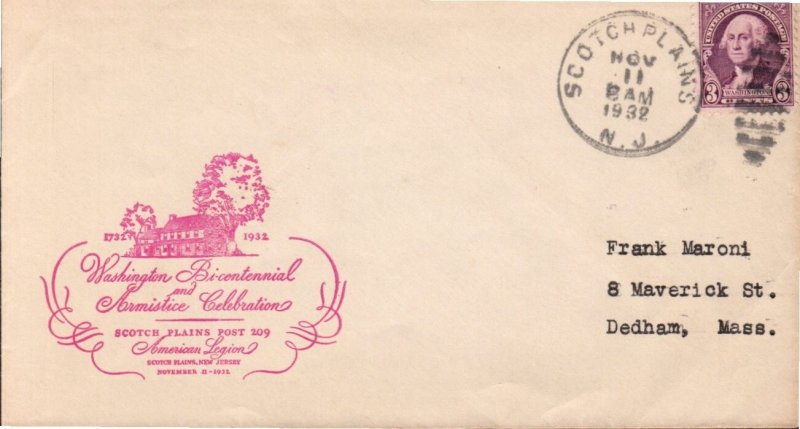 GEORGE WASHINGTON BICENTENNIAL NOV 11 1932 SCOTCH PLAINS NJ CACHET - BOX 1