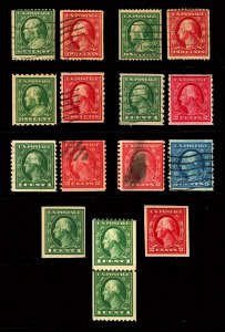 #348 / #448 1c-5c, 1908-1915 Assorted Washington-Franklin Coil Issues M&U