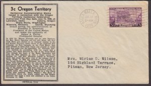 1936 Oregon Territory centenary Sc 783-31 FDC Imperial cachet Walla Walla WA