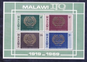 Malawi 113a (110-13) MNH 1969 ILO 50th Anniversary Souvenir sheet of 4