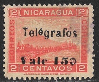 NICARAGUA 1907 15c on 2c RAISED e Surcharged Telegraph Stamp Hisc. No.118 Used