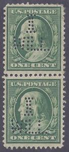 Scott #374 Mint vertical pair, Perfin LH OG VF