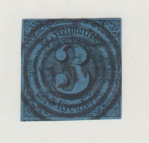 Thurn & Taxis Sc 43 used 1852 3kr black on dark blue, rich color VF