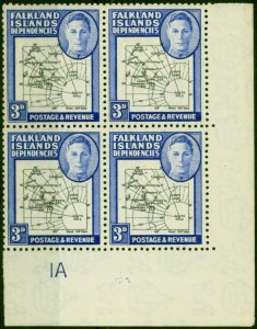 Falkland Island Dep 1946 3d Black & Blue SGG4 Fine MNH Pl.1a Corner Block of 4