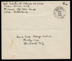 US 1944 Alva Okla Interment Camp cover - Free Postage to NJ