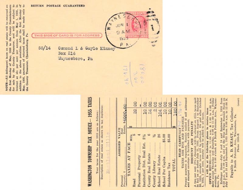 United States Pennsylvania Waynesboro 1955 numeral duplex  Postal Card  Obver...