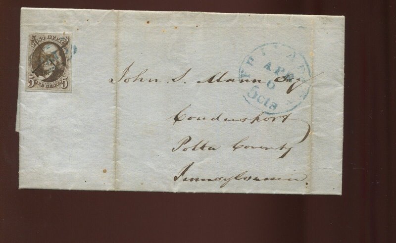 1a Franklin Imperf Used Stamp on Cover Philadelphia to Potter County PA (LV1634) 