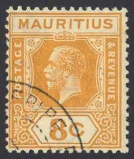 Mauritius Sc# 186 Used 1922-1934 8¢ Orange KGV 