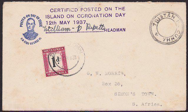 TRISTAN DA CUNHA 1937 Coronation Day postage due cover signed Wm Repetto...67570