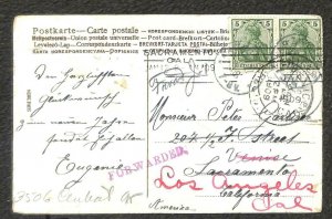 GERMANY SCOTT #82 (x2 - PAIR) STAMPS TO CALIFORNIA FORWARDED POSTCARD 1909