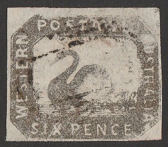 WESTERN AUSTRALIA 1857 Swan 6d litho imperf printing partly missing. Certificate