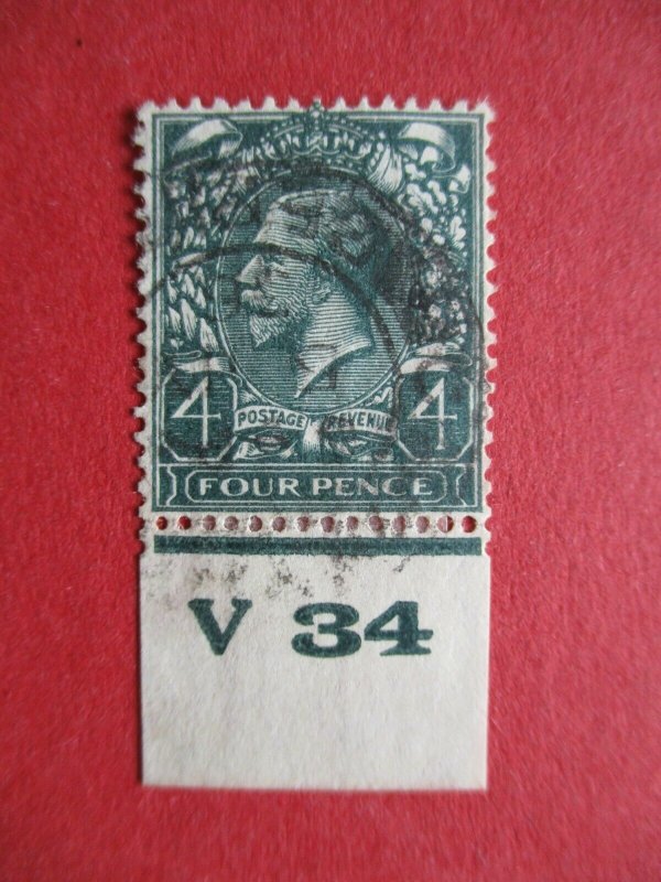 SG424 George V 1924-26 Harrison 4d Grey Green Imperf Control V34 CDS Used