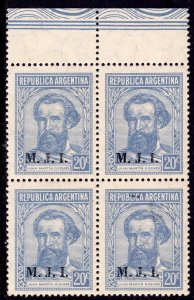 Argentina 1936 Sc#OD234A JUAN MARTIN GUEMES Block of 4  ovpt.M.J.I. (1) MNH