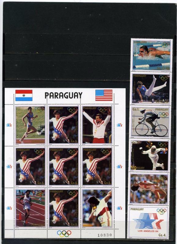 PARAGUAY 1984 SUMMER OLYMPIC GAMES LOS ANGELES STRIP OF 6 STAMPS & SHEET MNH 