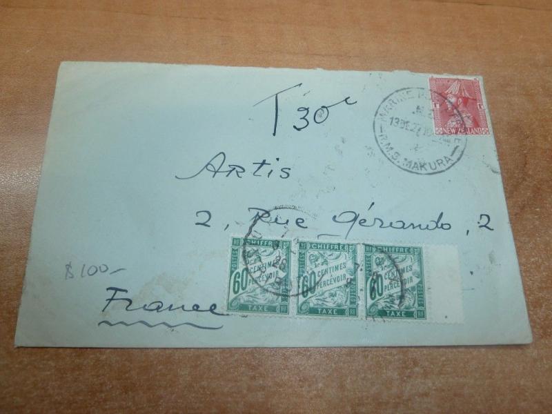 New Zealand MPO Paquebot 1d to France, taxed, .60c x 3 Postage Due(67bed)