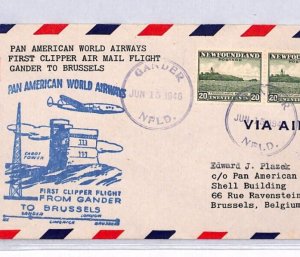 NEWFOUNDLAND Air Mail Cover PAN-AM CLIPPER FIRST FLIGHT BELGIUM 1946 YN101