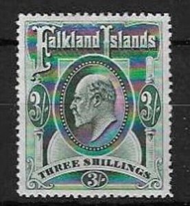 FALKLAND ISLANDS SG49b 1907 3/- DEEP GREEN LIGHTLY MTD MINT