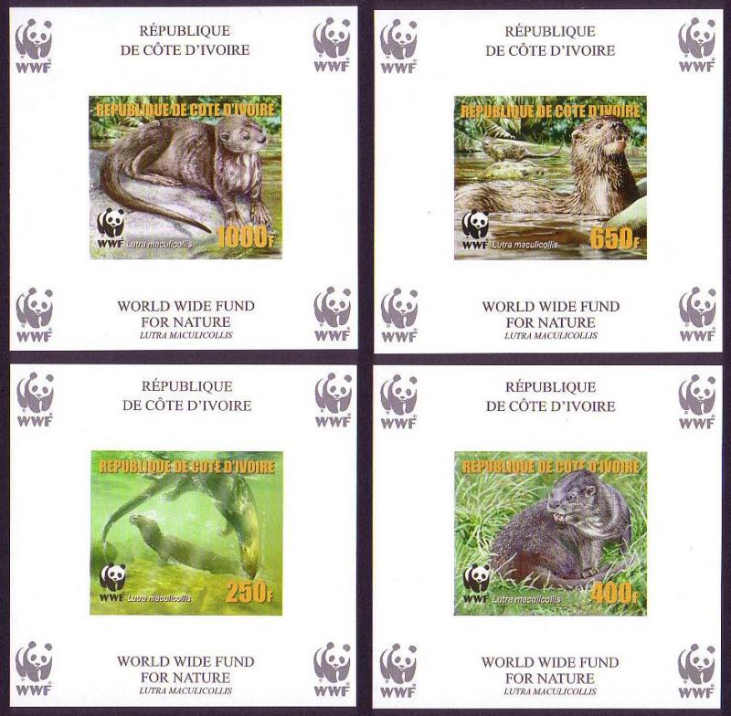 Ivory Coast WWF Speckle-throated Otter 4 Souvenir Sheets imperforated reprint
