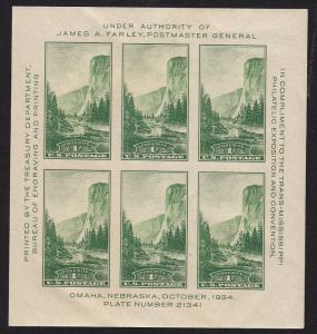 1934 Trans-Mississippi Sc 751 Souveir Sheet of 6 MNH CV $15