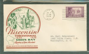 US 739 1934 3c Wisconsin Tercentennial (single) on an addressed (typed) first day cover with a Green Bay Philatelic Society cach