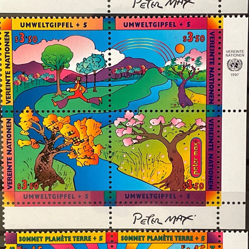 United Nations 1997 Earth Summit Blocks of 4 MNH, NY, Geneva, Vienna Peter Max 