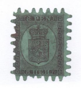 Finland Sc 7 1867 8p black on green rouletted Coat of Arms stamp used