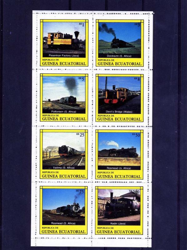 Equatorial Guinea STEAM TRAINS & LOCOMOTIVES Sheet (8) Perforated Mint (NH)