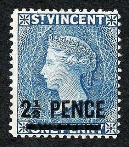 St Vincent SG55 2 1/2d Line Perf wmk Crown CA Variety OVERPRINT TO THE LEFT