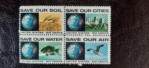 US Scott # 1410-1413; 6c Block of 4; Anti-pollution 1970; MNH, og; F/VF center