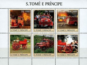 SAO TOME - 2003 - Old Fire Engines - Perf 6v Sheet - Mint Never Hinged