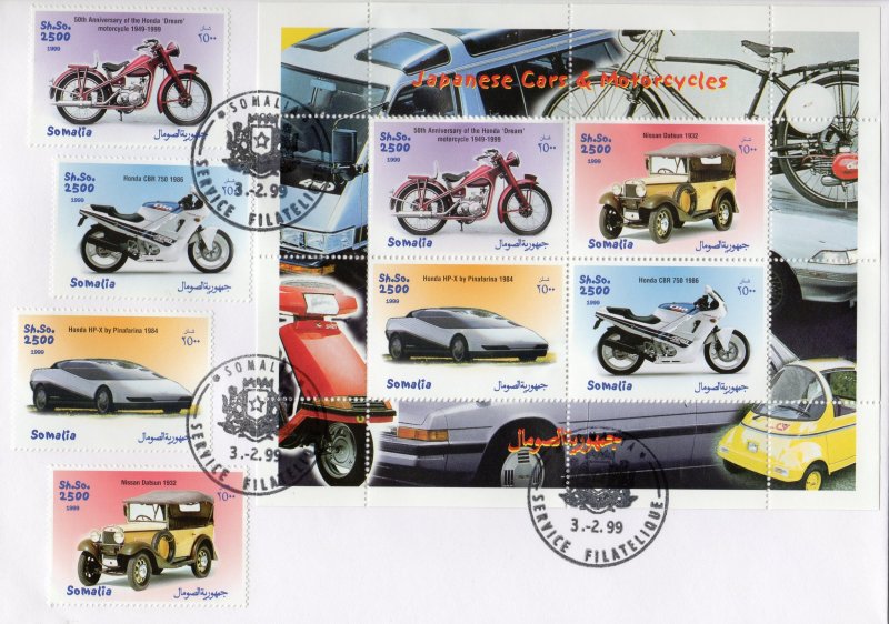 Somalia 1999 Japanese Cars & Motorcycles Set (4) + Sheetlet  Perforated FDC