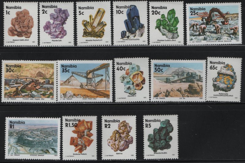 NAMIBIA, 674-689, MNH, SET(15), 1991, MINERALS, CONSTRUCTION SITES