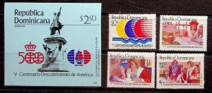 DOMINICAN REP. Sc 1002-6 NH SET+SOUVENIR SHEET OF 1986 - DISCOVERY OF AMERICA