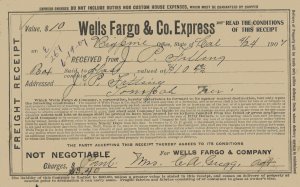 1907 - Wells Fargo Receipt - Big Pine, CA to Tonopah, NV -Ephemera 1135