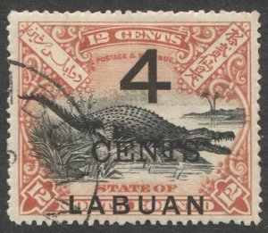 LABUAN 1899 Sc 90c  4c / 12c Crocodile, perf 16, VF Used postal cancel CV $47.50