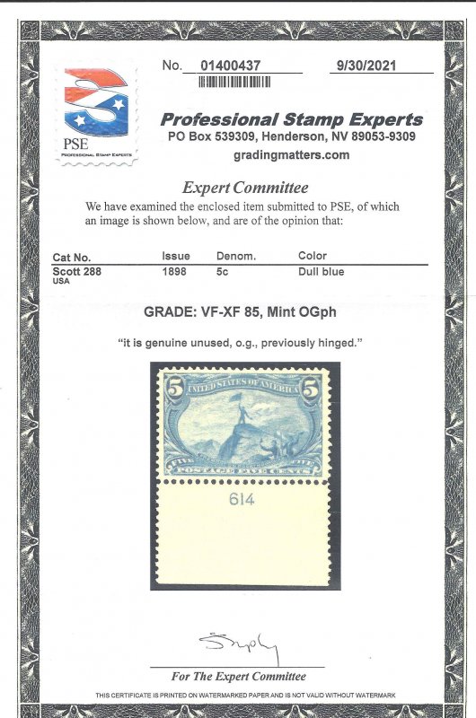 288 Mint,OG,XXLH... PSE Graded VF-XF 85... SMQ $145.00... Plate# single