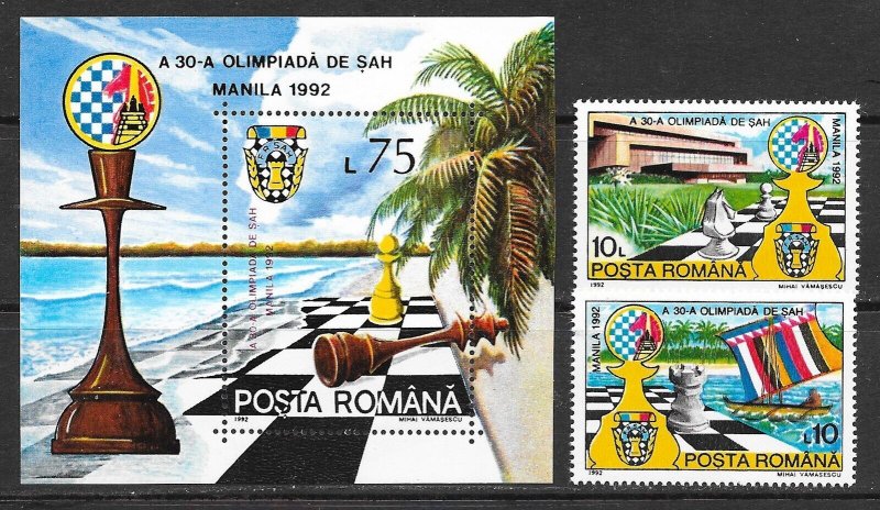 ROMANIA Sc 3746-8 NH SET+SOUVENIR SHEET OF 1992 - CHESS