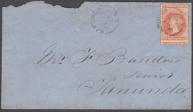  SOUTH AUSTRALIA 1868 2d roulette on cover Kapunda to Tanunda...............A139