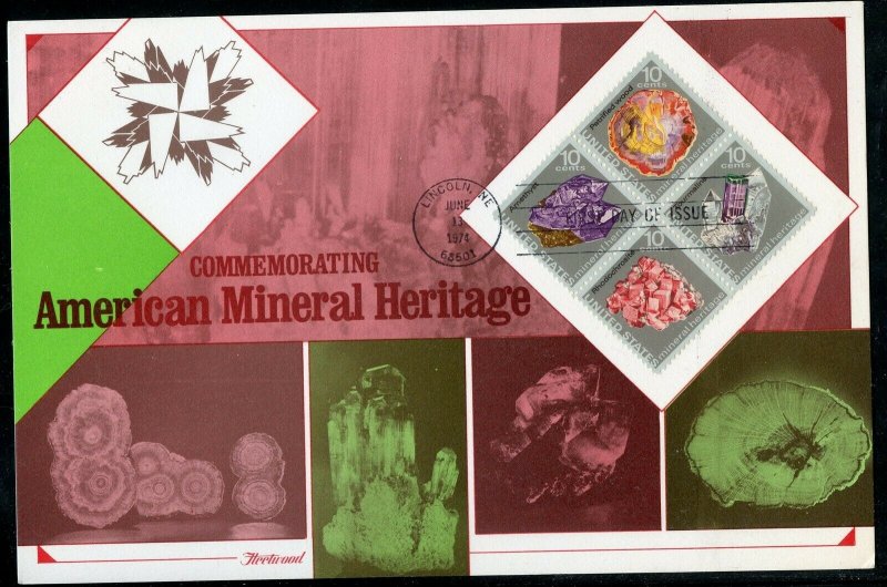 UNITED STATES 1974  AMERICAN MINERAL HERITAGE  FIRST DAY CANCELED ON CARD 