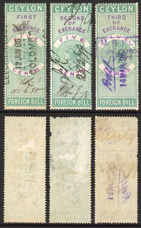 Ceylon Foreign Bill BF17 5c Green and Lilac 1st 2nd and 3rd Exchange