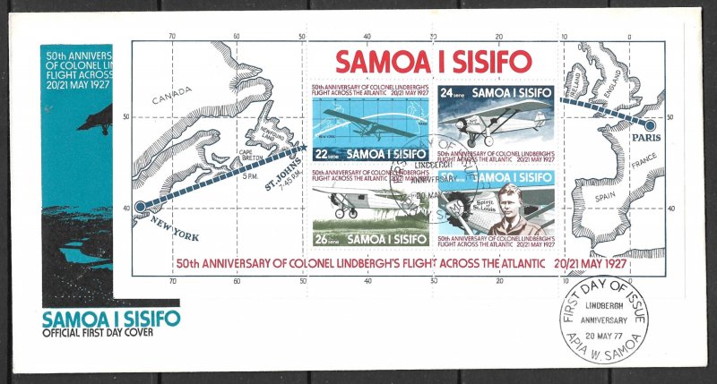 SAMOA 1977 Charles Lindbergh Souvenir Sheet Airplanes Maps Sc 453a FDC