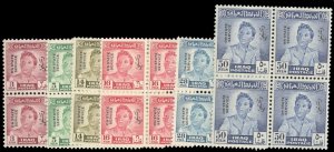 Iraq #O143-148 Cat$57, 1949-51 Officials, complete set in blocks of four, nev...
