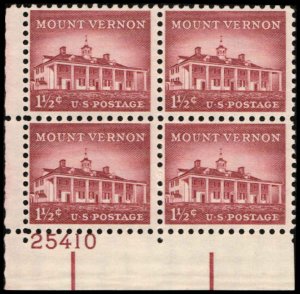 US #1032 MOUNT VERNON MNH LL PLATE BLOCK #25410