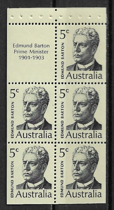 1969 Australia 450a Prime Minister Edmund Barton MNH BK pane of 5