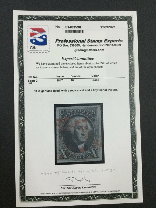 MOMEN: US STAMPS #2 USED PSE CERT LOT #75310