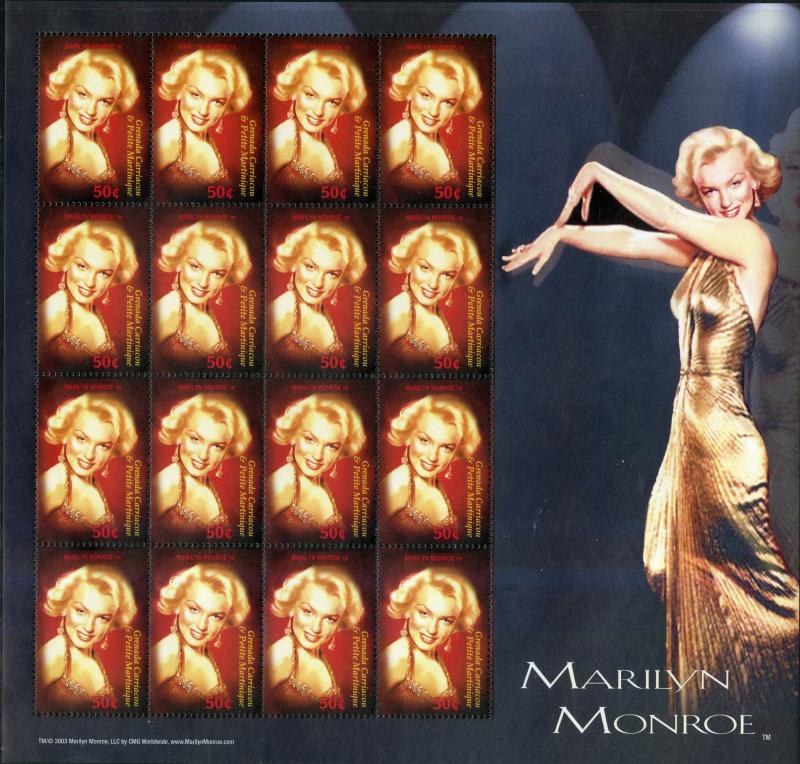 2530 MNH SHEET/16 SCV $12.75 BIN $7.50 CARRIACOU, MARILYN MONROE