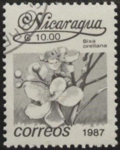 Nicaragua 1592 (used cto) 10c flowers: achiote (Bixa orellana) (1987)