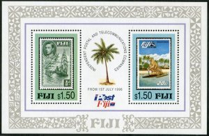 Fiji 771 sheet,MNH.Michel Bl.19. Post,Telecommunications,1996.Canoes,